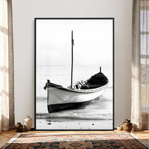 Minimal Boat Wall Art Canvas Print – Black and White Coastal