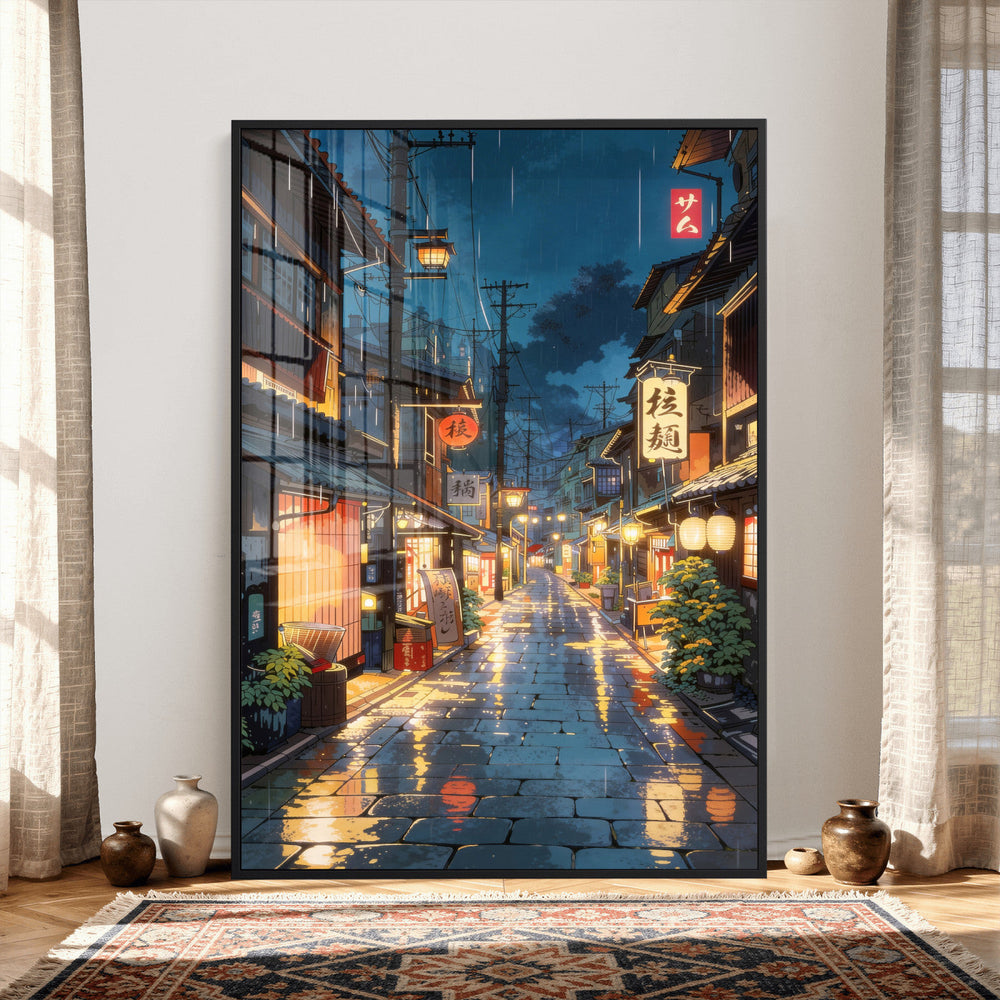 Tokyo Tea House Canvas Wall Art — Japan Rainy Night Street