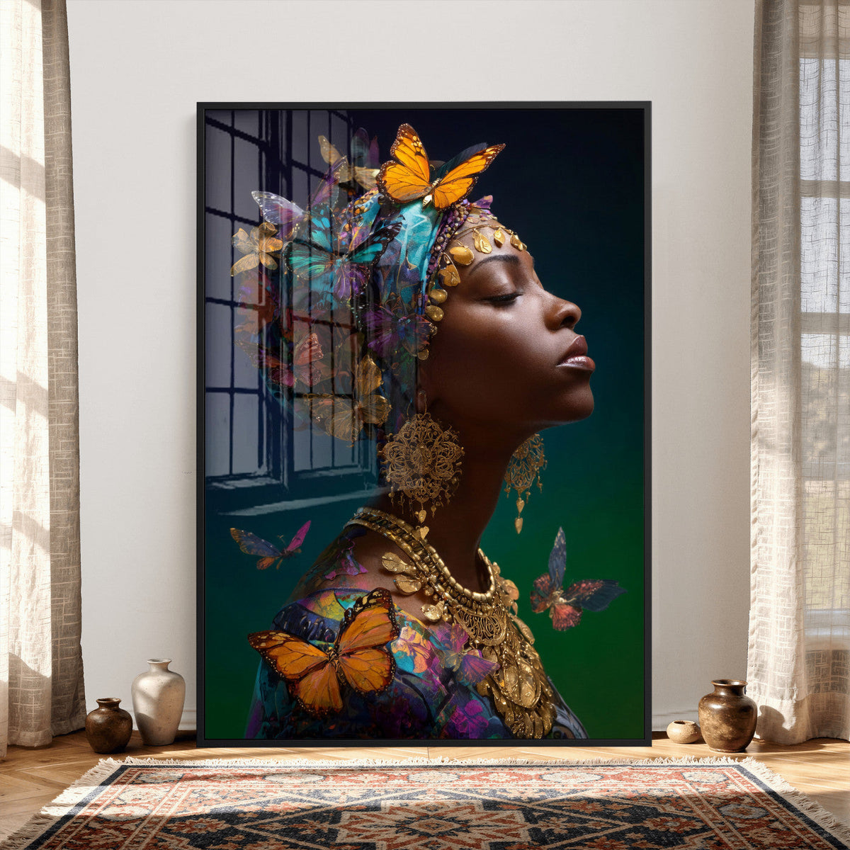 Butterfly Crown Gold Woman Portrait — Monarch Queen Canvas