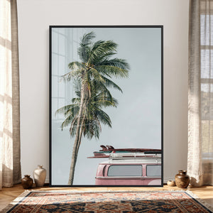 VW Van Palm Tree Canvas Wall Art, Pink Camper Surfboards