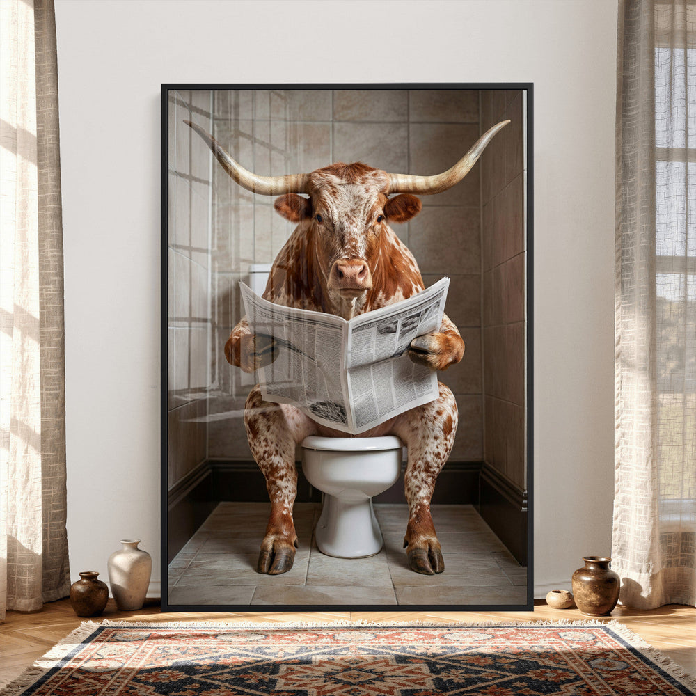 Funny Bathroom Canvas Wall Art, Texas Longhorn on Toilet
