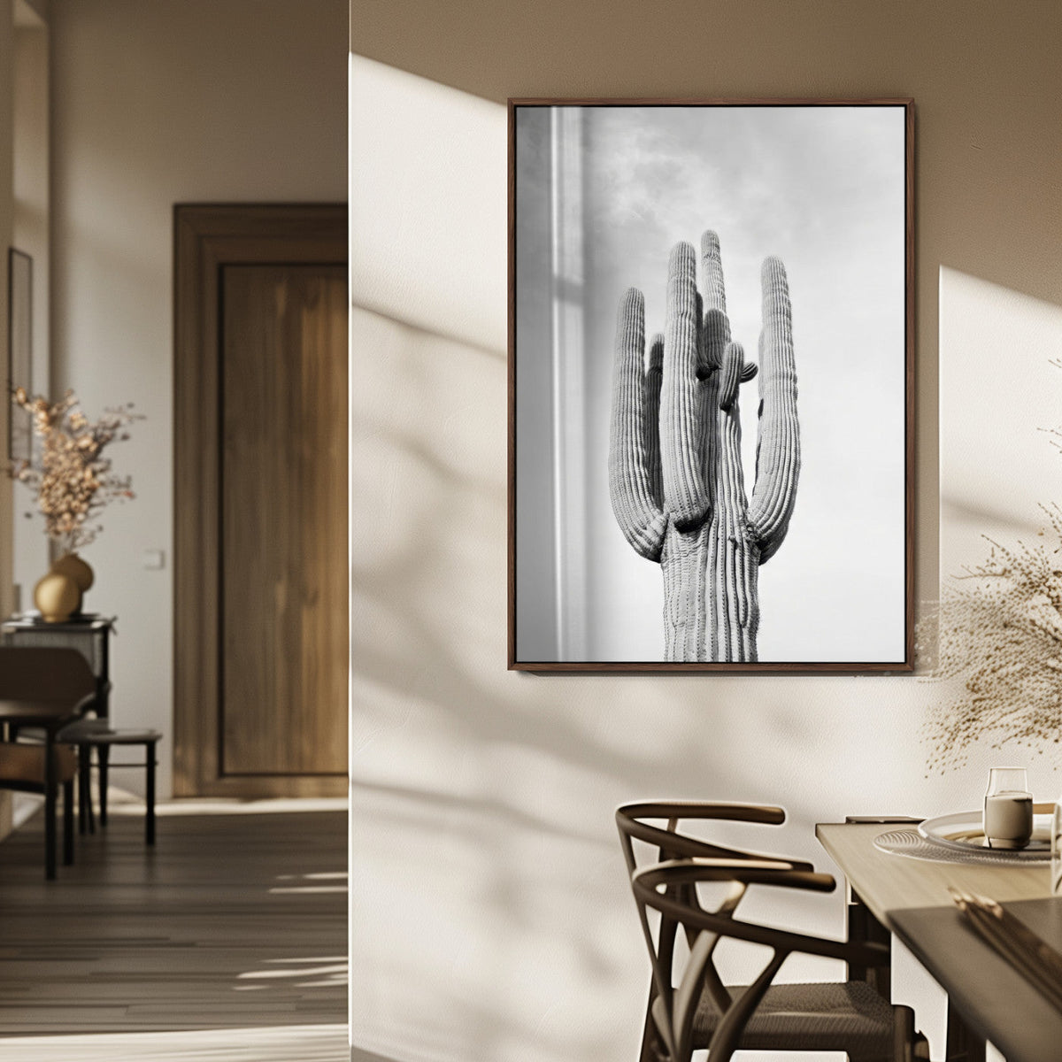 Saguaro Cactus Wall Art – Black and White Desert Canvas