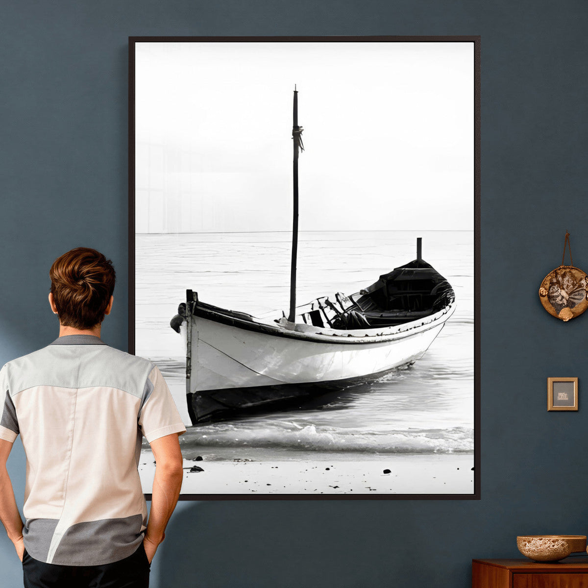 Minimal Boat Wall Art Canvas Print – Black and White Coastal