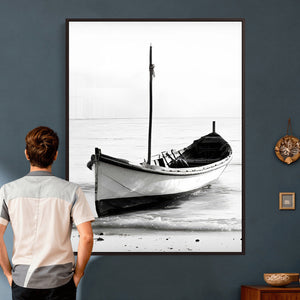 Minimal Boat Wall Art Canvas Print – Black and White Coastal