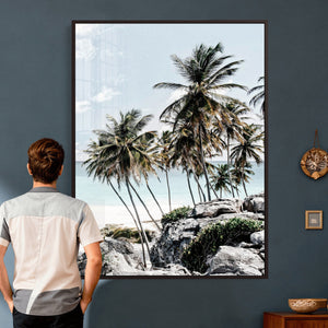 Tropical Trees Beach Wall Art Canvas Print, Coastal Ocean