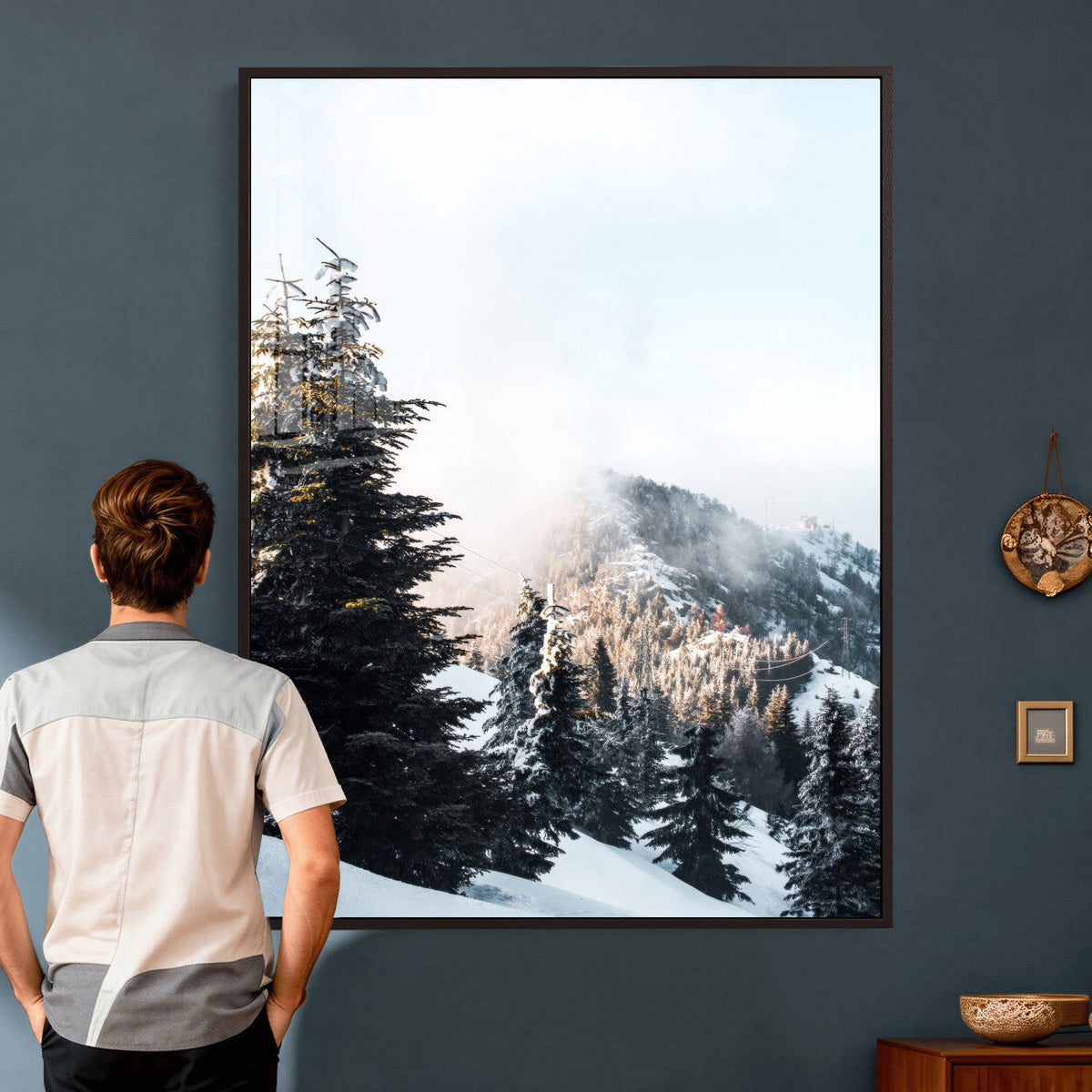 Snowy Mountain Forest Wall Art Canvas Print, Winter Pine