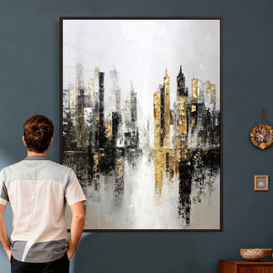 Abstract New York Wall Art Canvas Print, Gold Black Modern