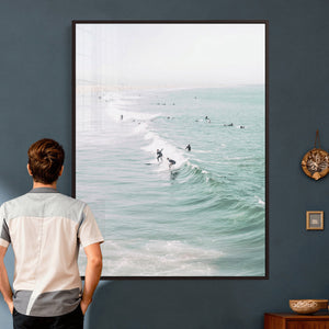 Surfers on Waves Canvas Wall Art, Aerial Ocean Photography