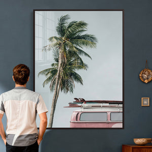 VW Van Palm Tree Canvas Wall Art, Pink Camper Surfboards