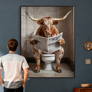 Funny Bathroom Canvas Wall Art, Texas Longhorn on Toilet
