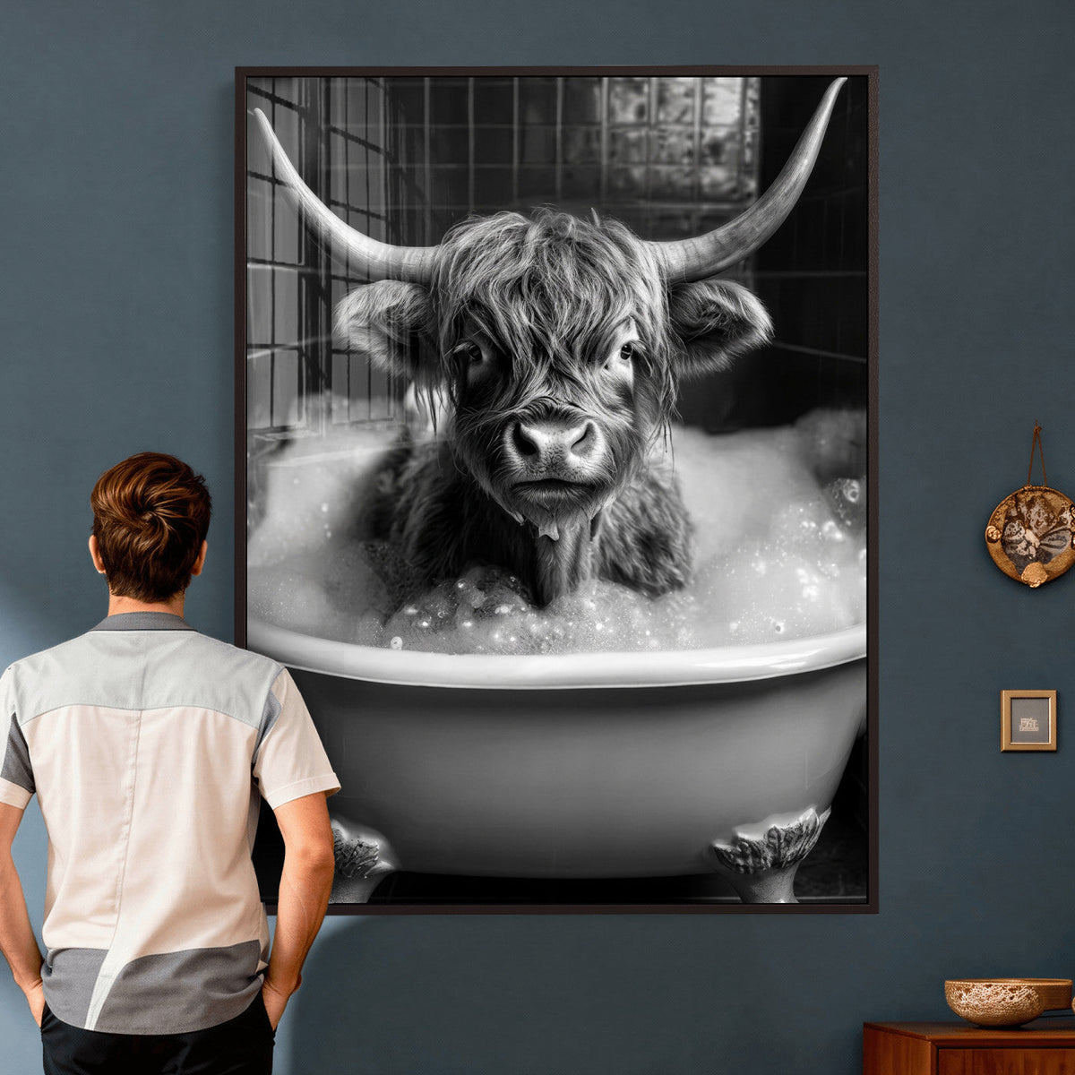 Highland Cow Bathtub Canvas Wall Art, Funny Bathroom Print