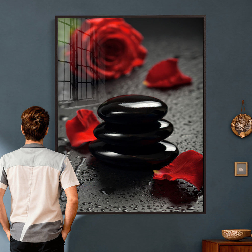 Black Lava Stone Rose Canvas | Red Rose Spa Photography