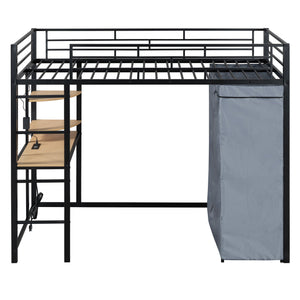 Loft Bed With Desk, Shelves, Power Outlet, LED Light And Wardrobe