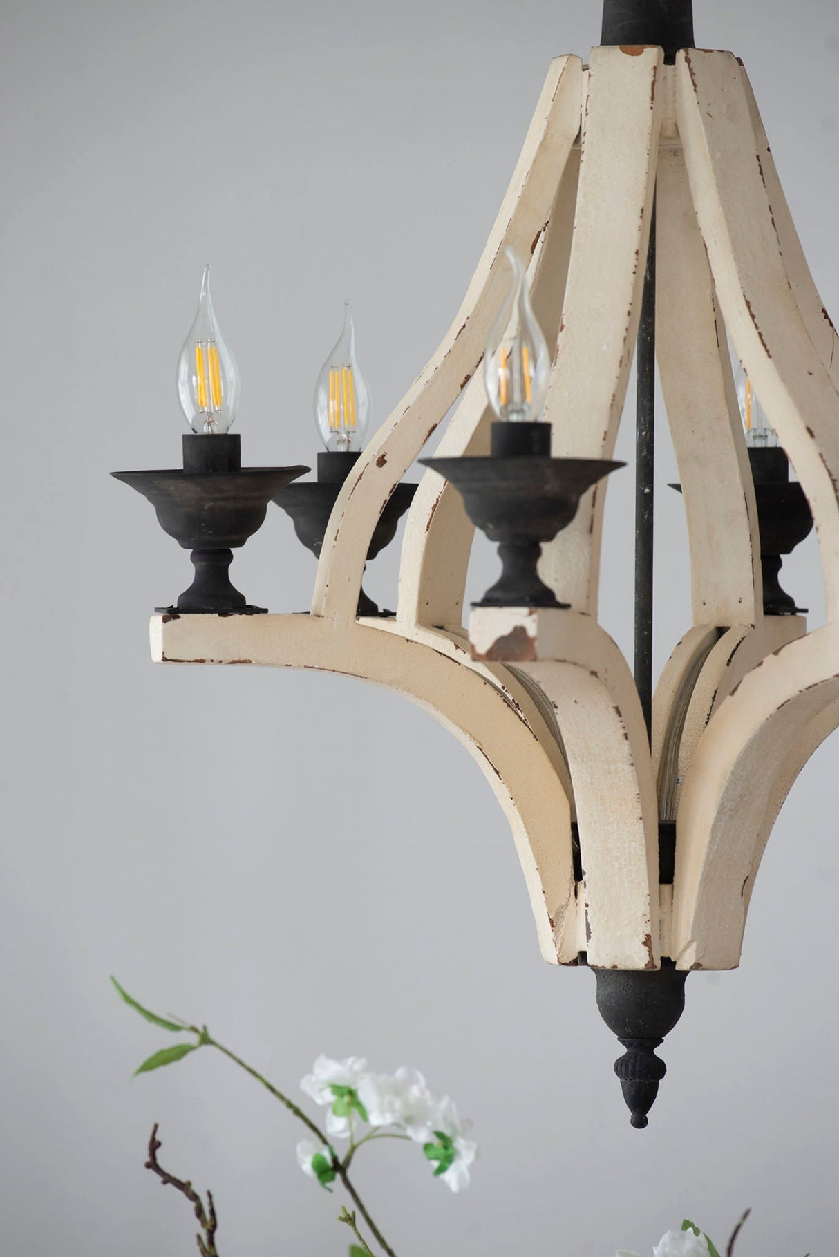 6 Light Wood Chandelier with Adjustable Chain - Cream