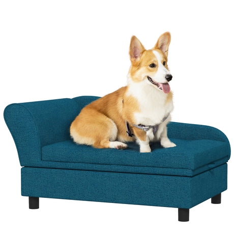 PawHut-Pet-Sofa,-Dog-Couch,-Elevated-Pet-Bed-for-Small-and-Medium-Dogs,-with-Hidden-Storage,-Soft-Tufted-Cushion,-Dark-Blue-Pet-Supplies