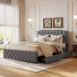 Upholstered Platform Bed With 2 Drawers And 2 Sets Of USB Ports On Each Side, Fabric