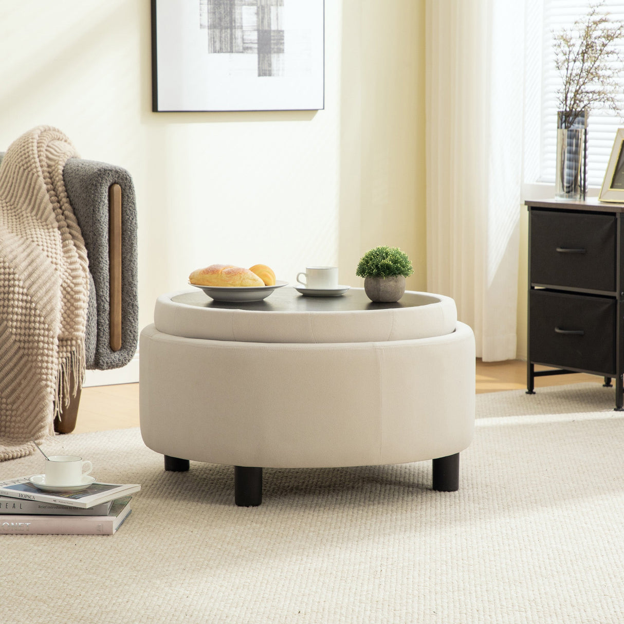 29.33"W Upholstered Round Ottoman With Reversible Lid