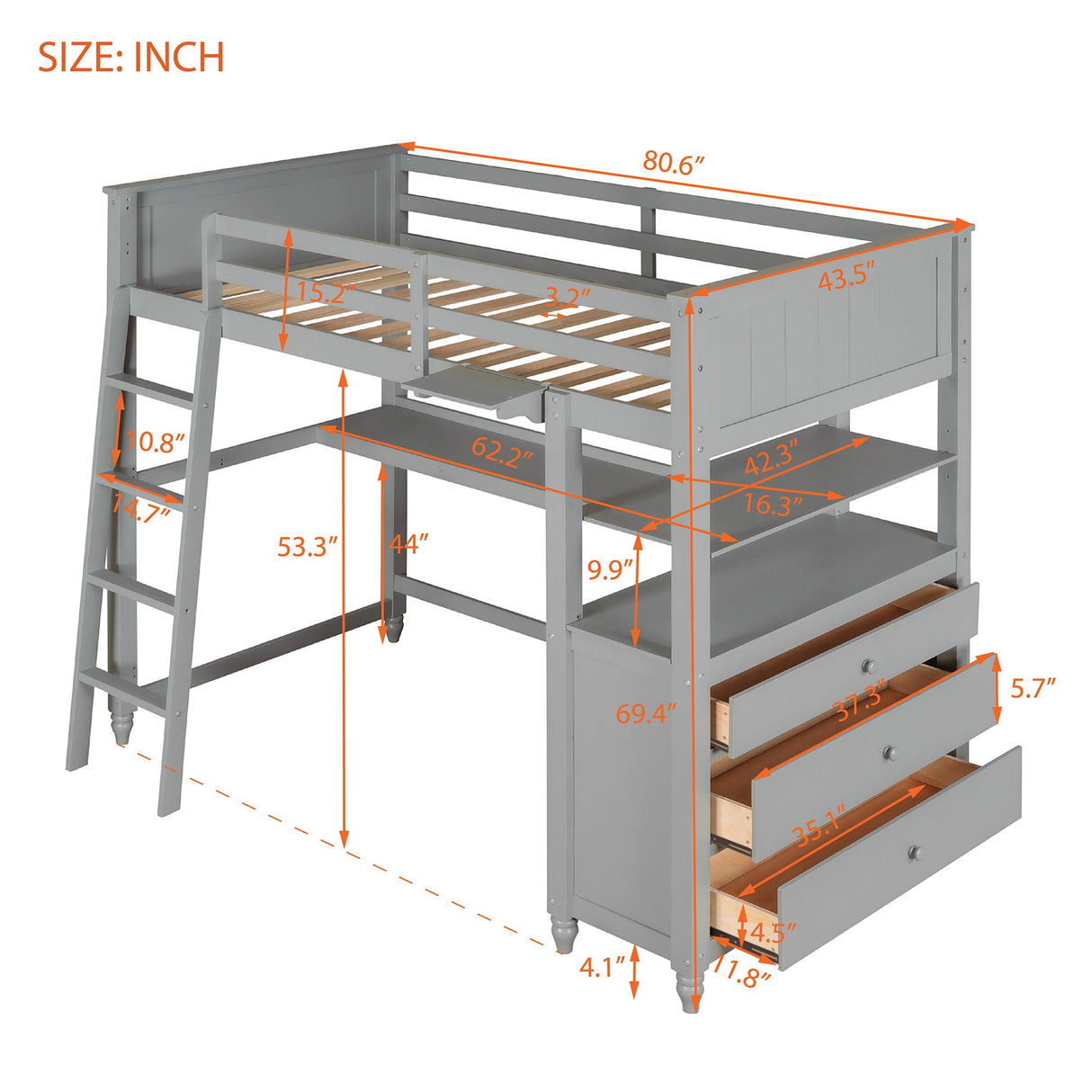 Loft Bed With Drawers With Desk And Shelves