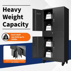 Metal Storage Cabinet with Drawer, Locking Doors, and Rolling Wheels