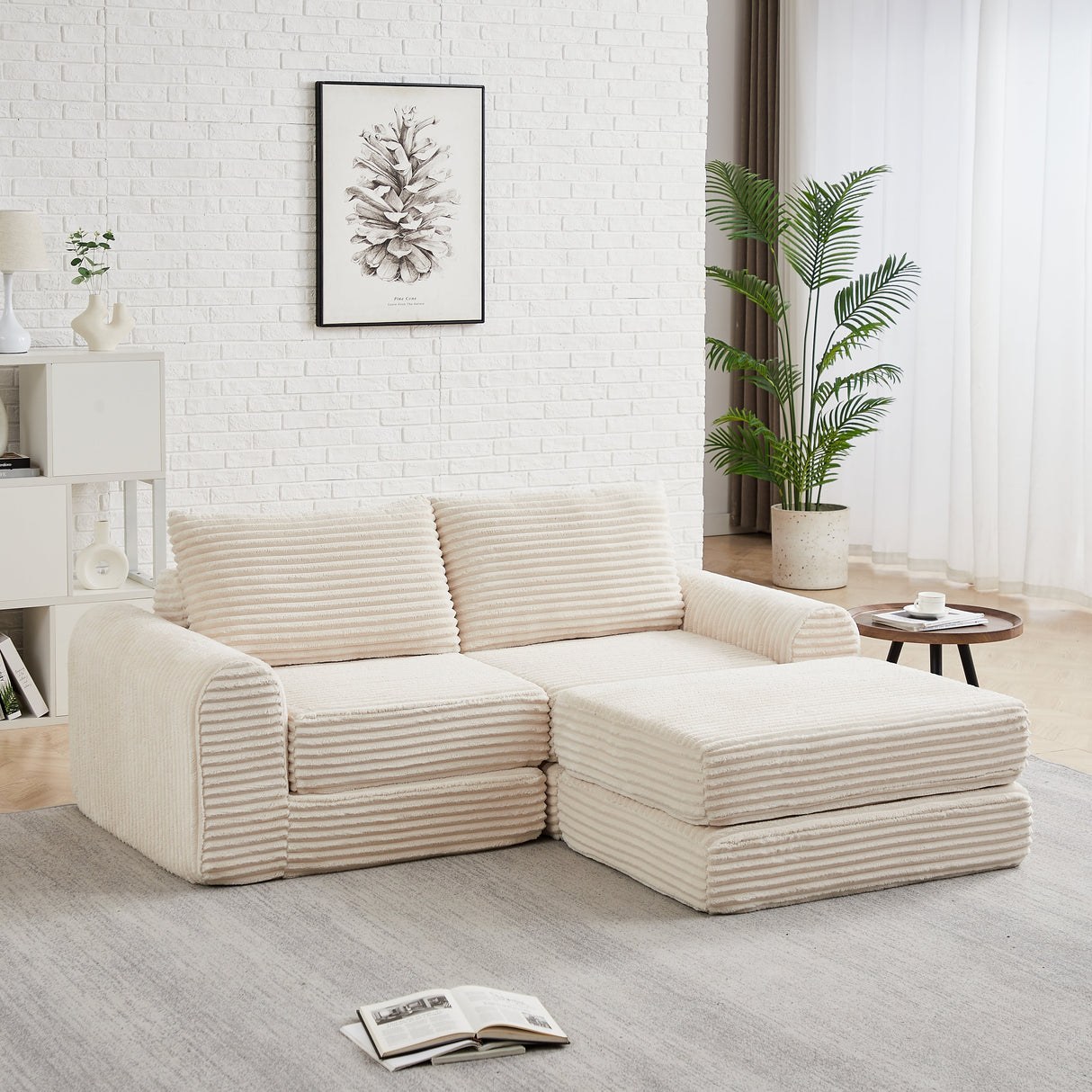Minimalist Corduroy Sofa Bed with Two Throw Pillows