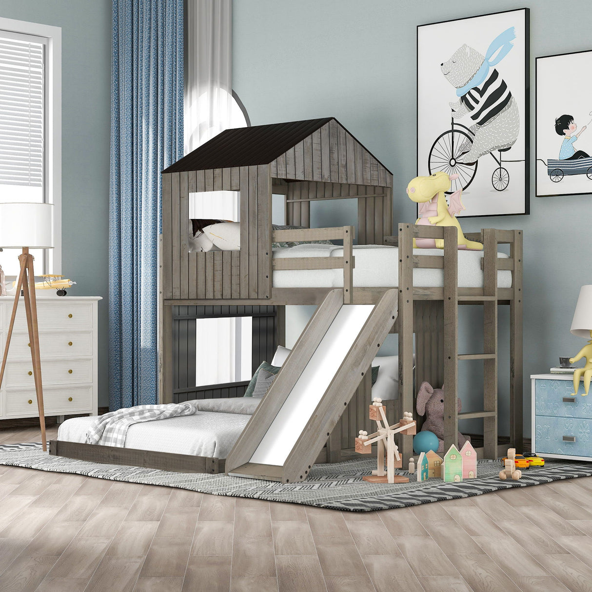 Loft Bunk Bed With Playhouse, Farmhouse Style, Ladder, Slide And Guardrails