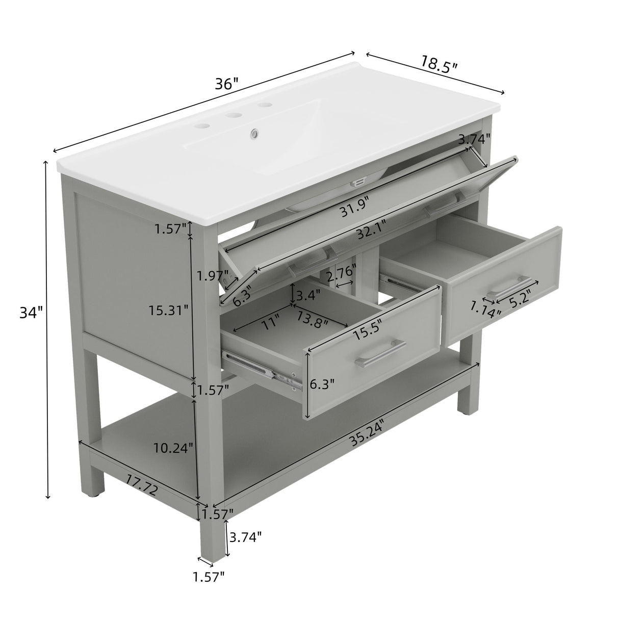 Bathroom Vanity With Ceramic Sink, Tip Out Tray & 2 Full Extension Drawers