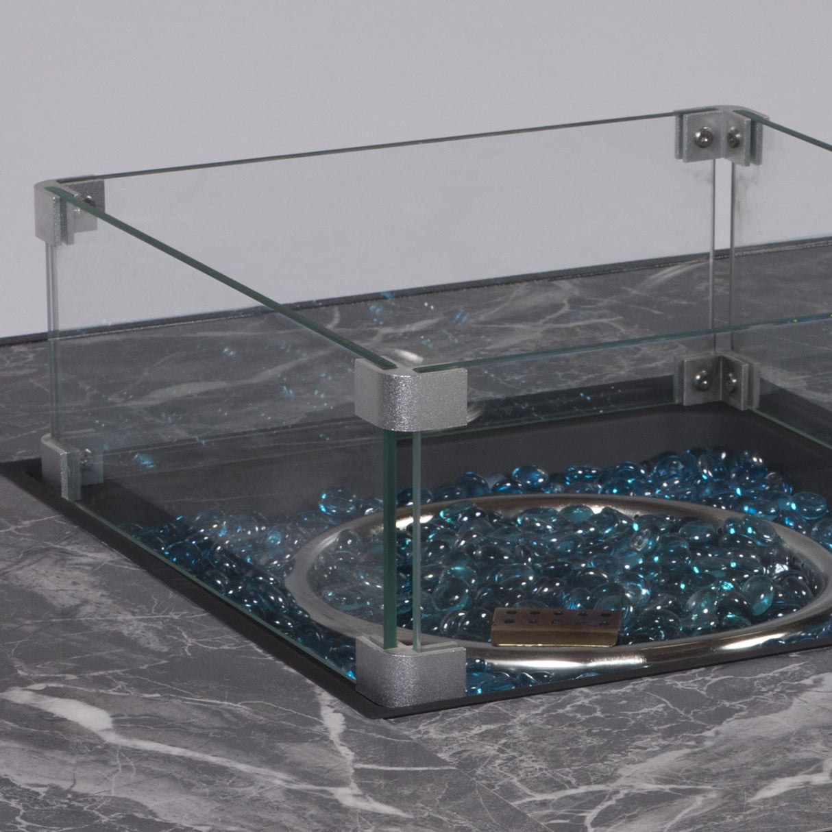 32inch Outdoor Square Propane Fire Pit Table with Blue Glass Beads, Rain Cover and Glass Wind Guard - Tuesday Morning - Fire Pits