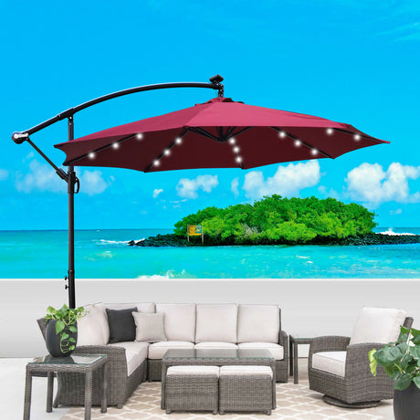 10ft solar led patio umbrella with crank & cross base, waterproof