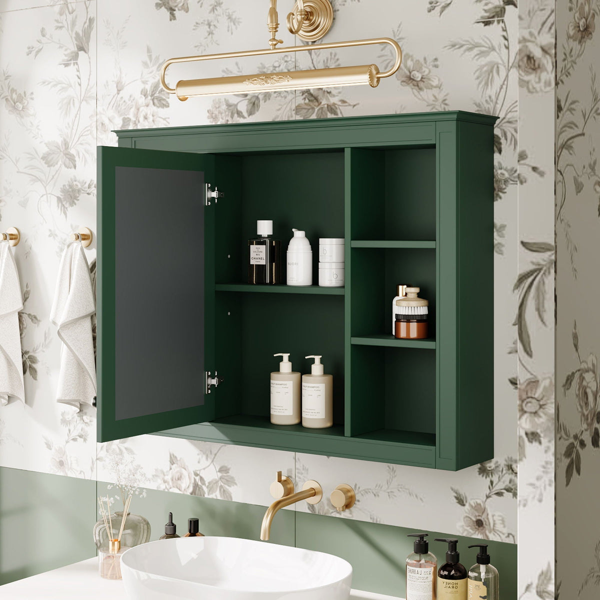 Wall Mounted Medicine Cabinet with Mirror and 6 Open Shelves - Multiple Colors