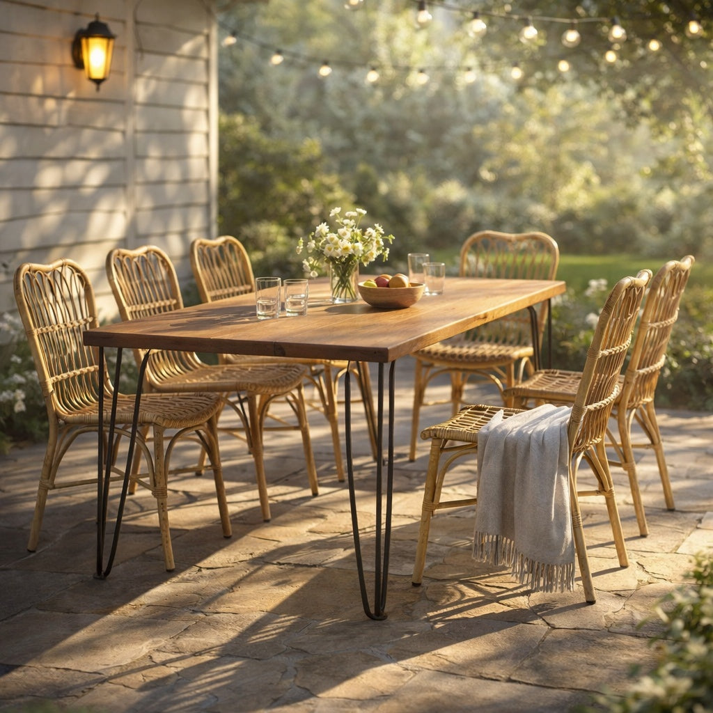 7-Piece Outdoor Dining Set for 6 with Acacia Wood Table & Rattan Chairs
