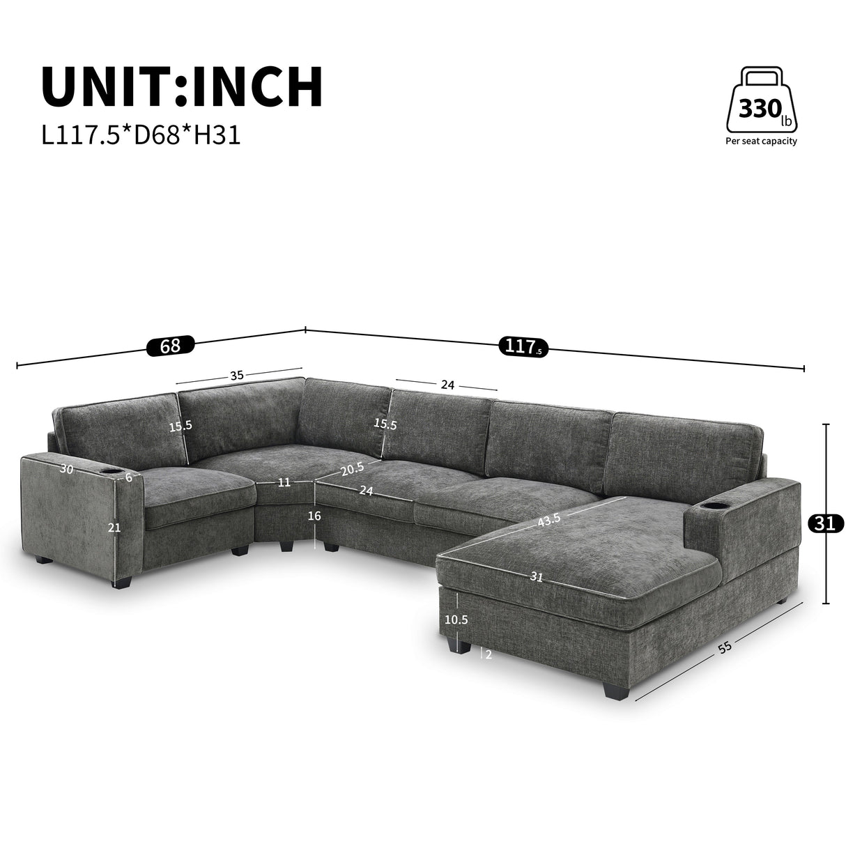 117.5" U-Shaped Sectional Sofa