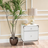 Modern White End Table, Nightstand with Drawer & Cabinet, Elegant 2-Drawer Nightstand with Silver Mirrored Edge and Legs, Round Ring Handle,  Suitable for Small Place Living Room Bedroom