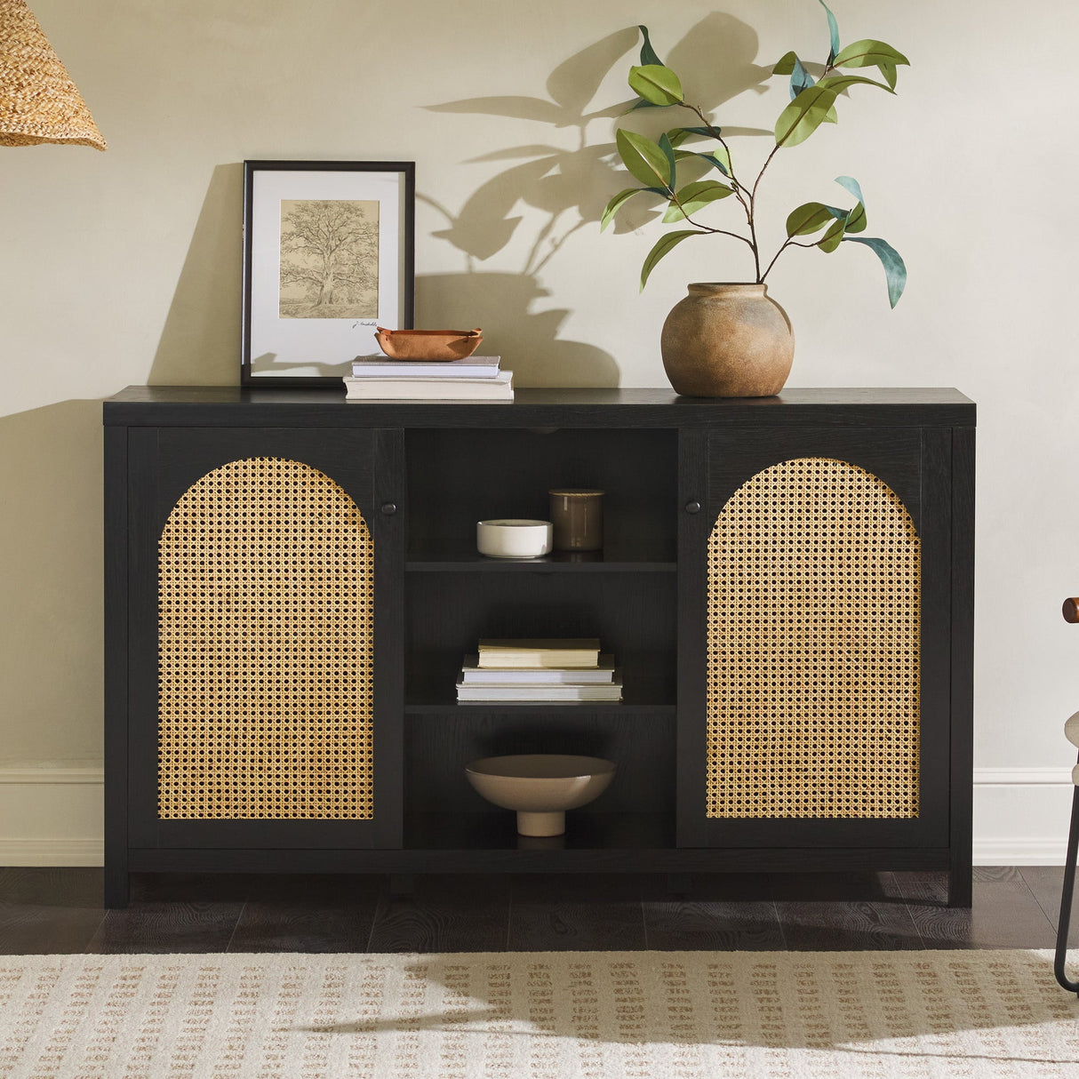 Celestialix 58" 2-Door Sideboard with Arched Rattan Panels