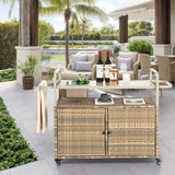 Outdoor Bar Table with Wicker Cabinet and Steel Top - Beige