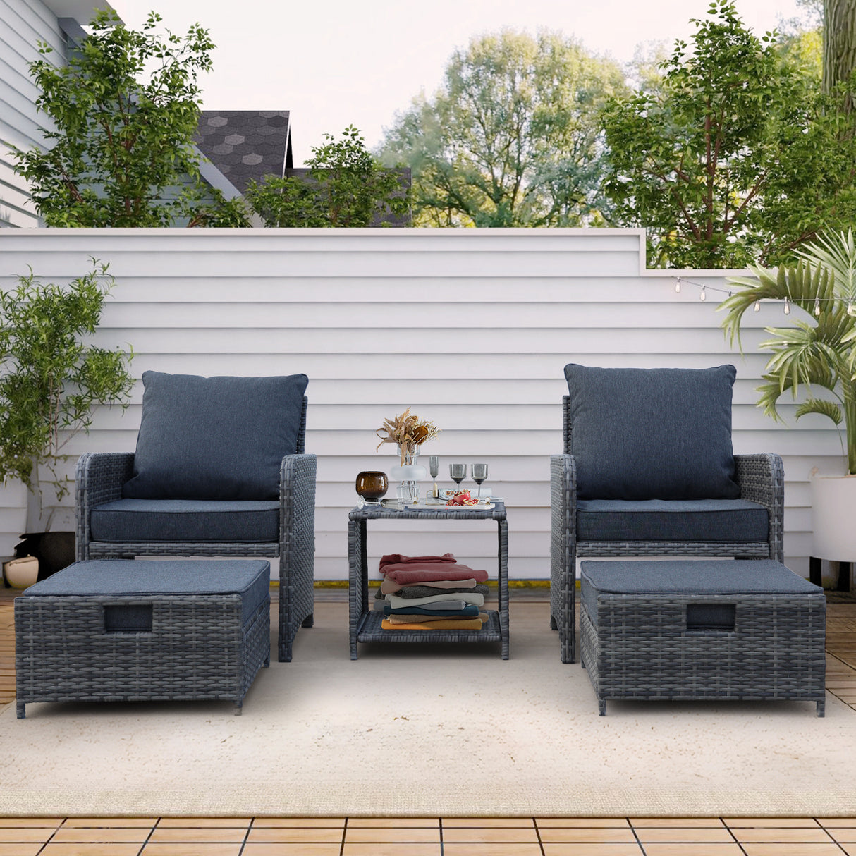 Conway Space-Saving Five-Piece Wicker Patio Seating Ensemble