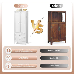 Pantry Cabinet With 2 Drawers, Adjustable Shelves, Freestanding Kitchen Storage Organizer - White