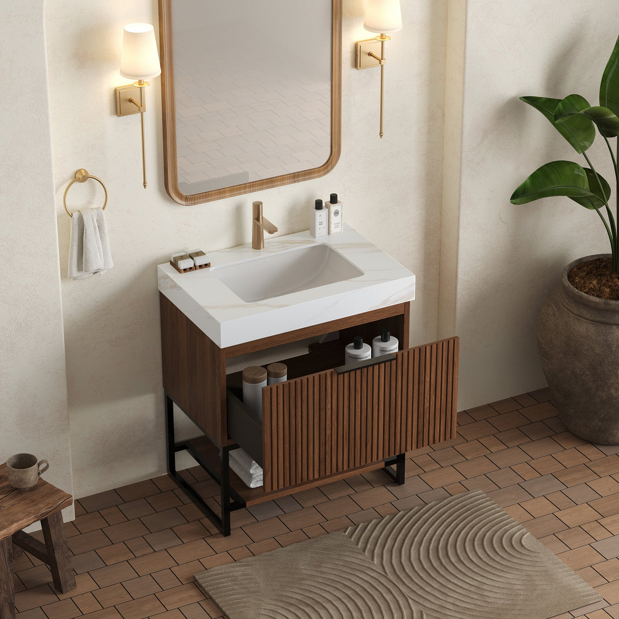 YOLAN 30" Bathroom Vanity & Sink, Freestanding Striped Plywood Storage Cabinet