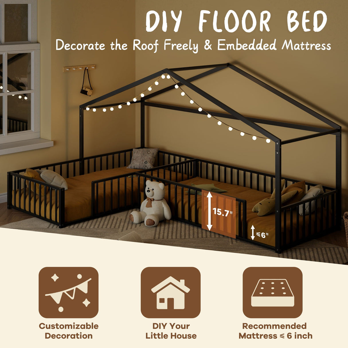 L-Shaped Montessori Bed For 2 Kids With Partitioned Fence