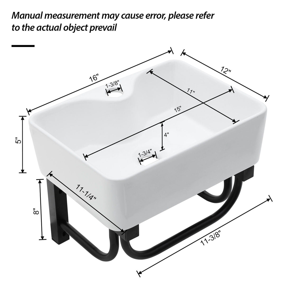 Rectangular Bathroom Sink With Towel Bar & Faucet Hole, Wall Mounted - White