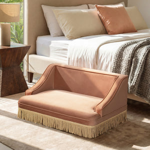 Duchess 33' Medium Princess Pet Bed Sofa with Fringe Skirt, Peach Orange Performance Velvet
