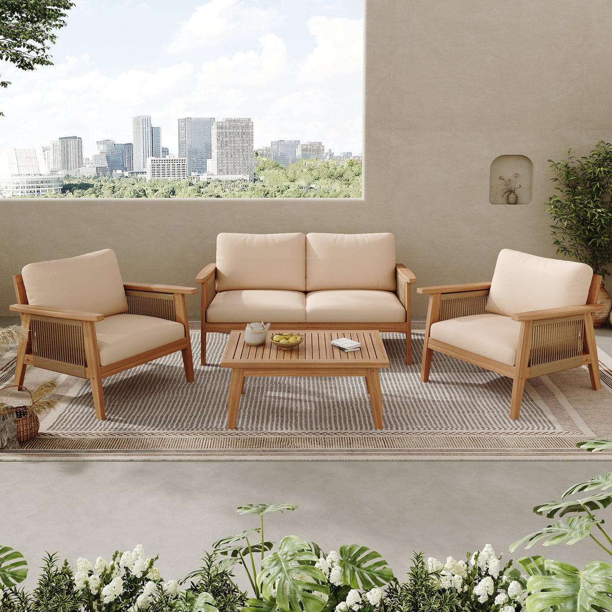 Outdoor 4pc Acacia Wood and Rope Sectional Patio Sofa Set