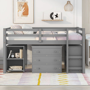 Loft Low Study Bed With Cabinet, Shelves And Rolling Portable Desk, Multiple Functions