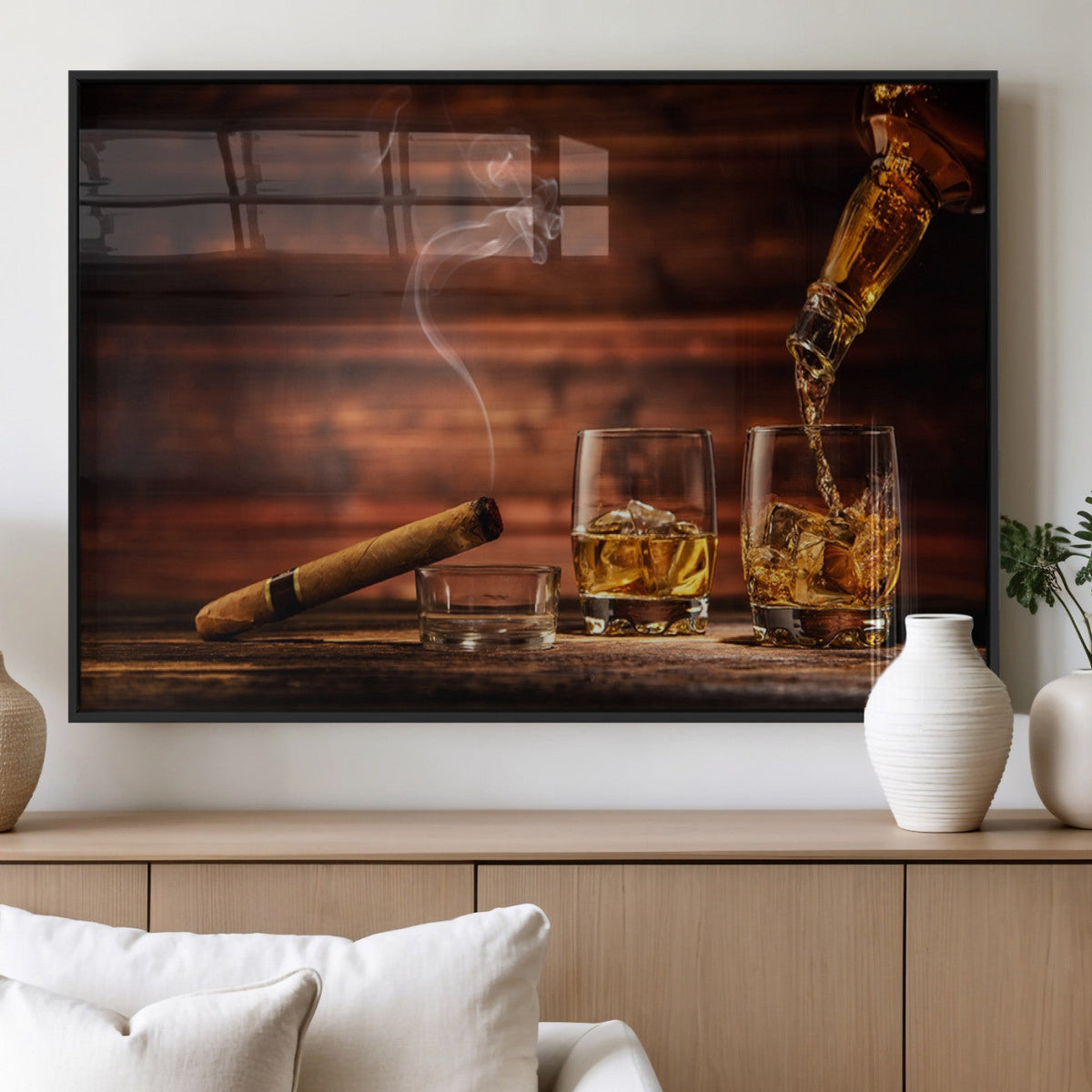 Whiskey and Cigar Wall Art Canvas | 3 Panel Bar Room Decor