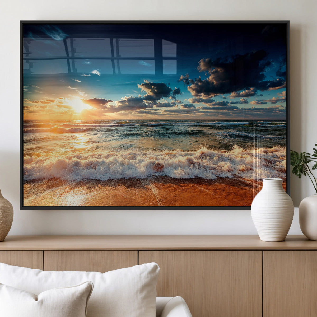 Golden Hour Sunset Over Ocean Waves Wall Art Canvas Print |