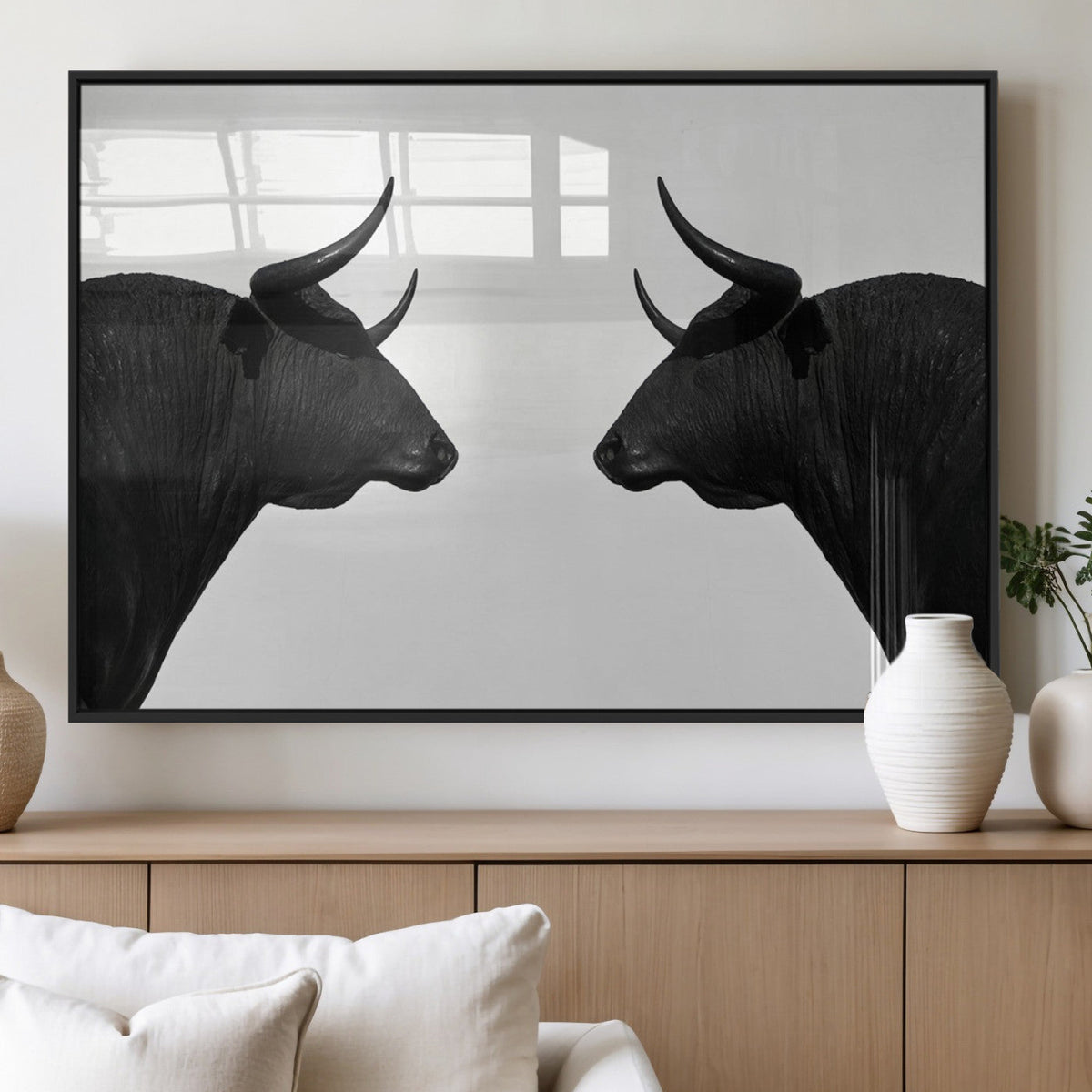 Spanish Bull Art - Framed Black and White Bull Canvas Print