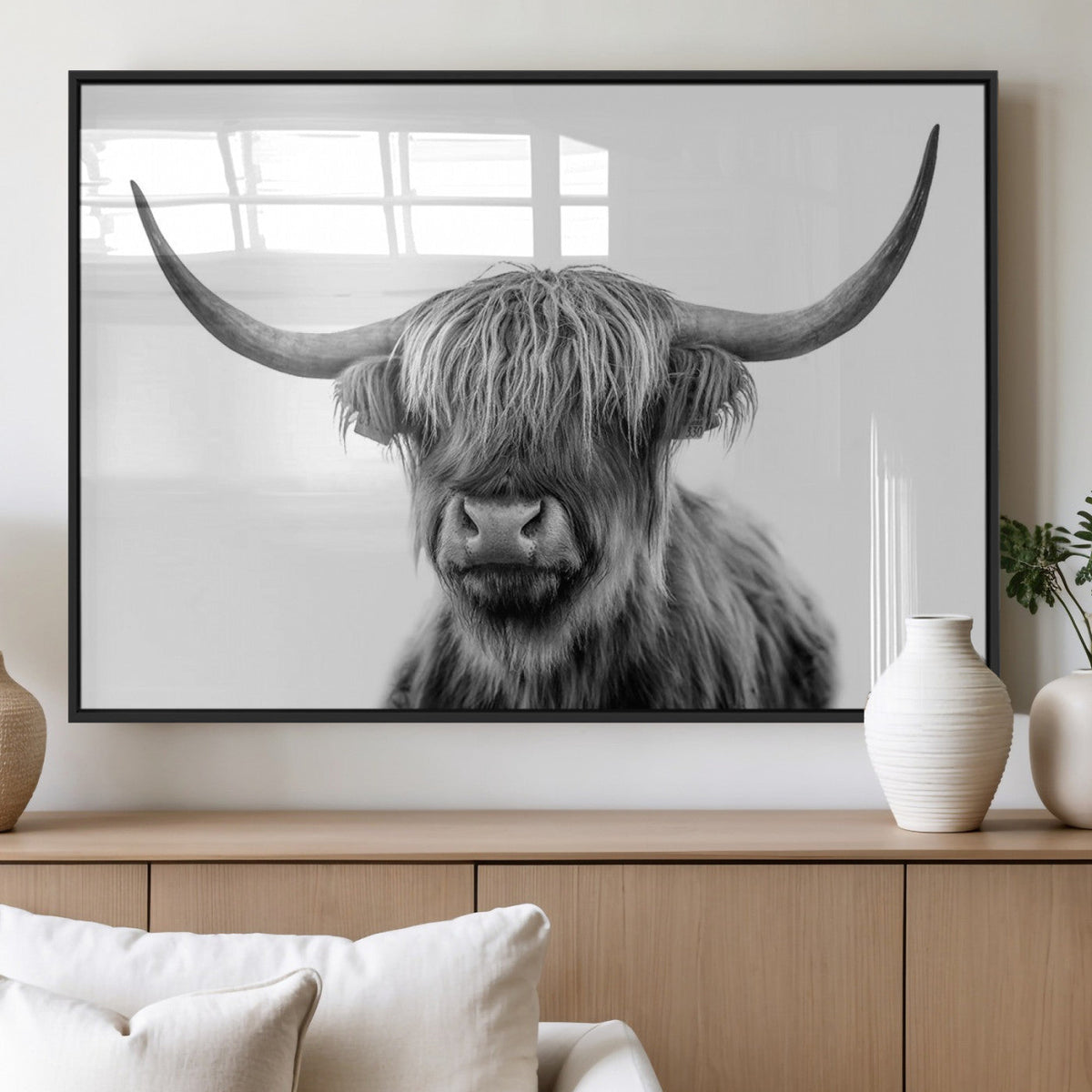 Grayscale Scottish Highland Cow Cattle Art Print Farmhouse