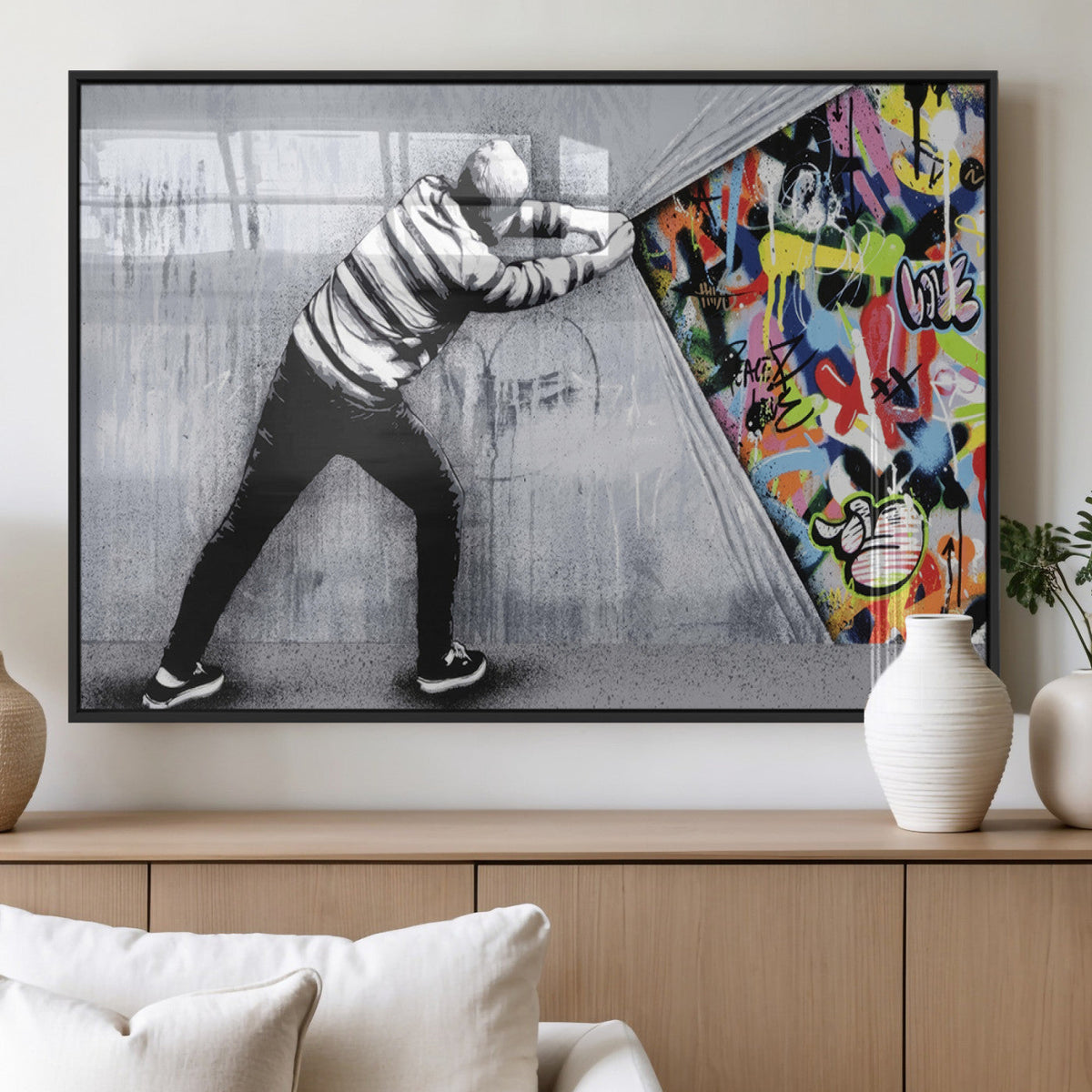 Banksy Art Behind the Curtain Street Wall Art Canvas Print |