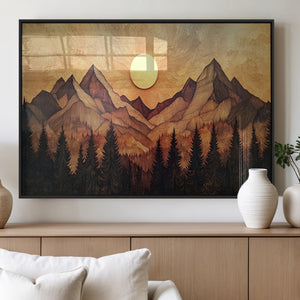 Wood Style Abstract Mountain Sunset Canvas Wall Art Print -