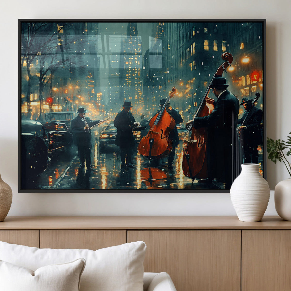 Urban Night Jazz Wall Art Canvas Print – Moody Rain-Soaked