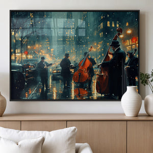 Urban Night Jazz Wall Art Canvas Print – Moody Rain-Soaked